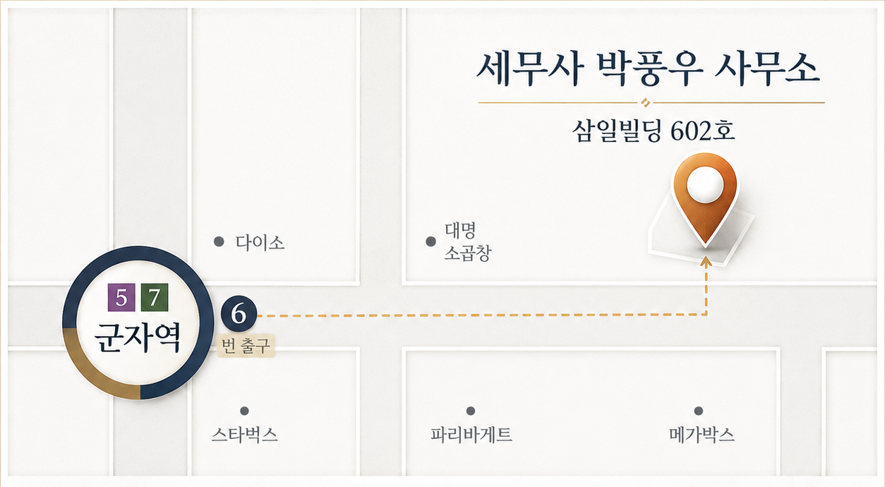 세무사 박풍우 사무소 약도 — 군자역 6번 출구, 삼일빌딩 602호